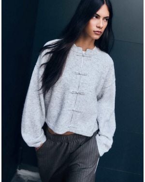 Bershka Round Neck Cardigan With Clasps - Blue