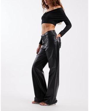 ONLY High Waist Wide Leg Faux Leather Trousers With Woven Details - Black