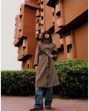 Bershka Long Funnel Neck Coat With Belt - White