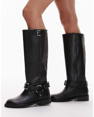 TOPSHOP Tee Premium Leather Knee High Biker Boots - Black