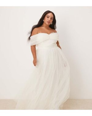 Lace & Beads Plus Bow Off Shoulder Tulle Maxi Dress - Natural