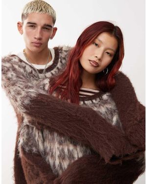 Collusion Unisex Brushed Oversized Fairisle Jumper - Brown