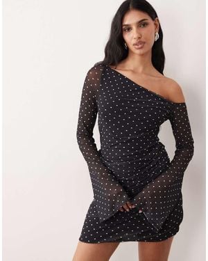 ASOS Printed Mesh Off Shoulder Mini Dress With Angel Sleeve - Black
