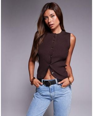 River Island Ribbed Button Front Top - Brown