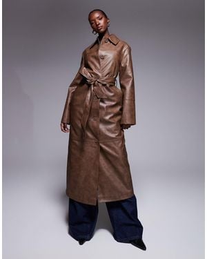 The Frolic Exclusive Leather Look Button Through Belted Maxi Coat - Brown