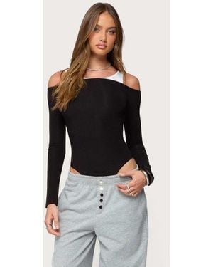 Edikted Layered Ribbed Off Shoulder Bodysuit - Black