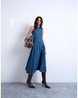 TOPSHOP Denim Dropped Waist Seam Detail Maxi Dress - Blue