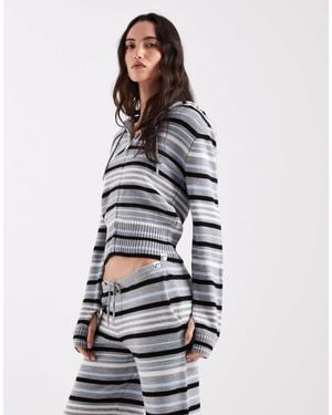 Collusion Stripe Knitted Zip Through Hoodie - White
