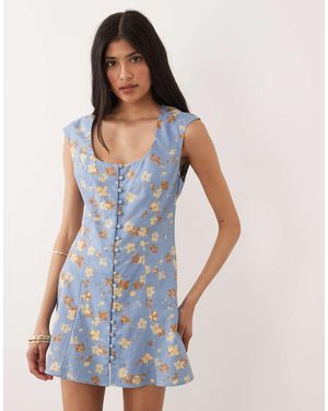 ASOS Mini Zonnejurk Met Vierkante Hals, Knoopsluiting En Bloemenprint - Blauw
