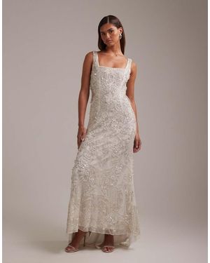 ASOS Ornate Crystal Embellished Square Neck Maxi Wedding Dress - Brown