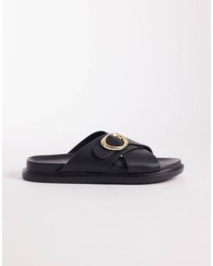 London Rebel Raya Flat Sandals With Buckle Detail - Black