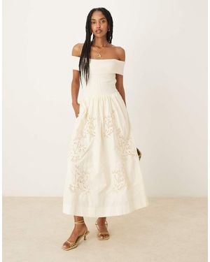 Mango Bardot Knitted Bodice A-line Maxi Dress With Cut Out Detailing - Natural