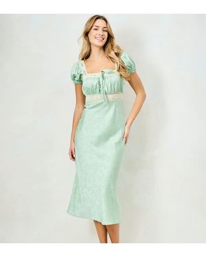 Hope & Ivy The Lizzy Printed Satin Square Neck Dress With Front Bow Detail - Green