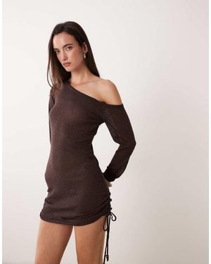 Miss Selfridge Sheer Knit Asymmetric Ruched Mini Dress - Brown