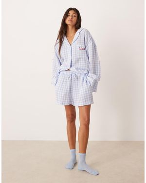 ASOS Cotton Gauze Embroidered Long Sleeve Shirt & Wide Leg Short Pyjama Set - White