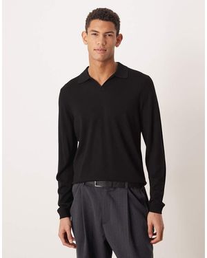 ASOS Knitted Long Sleeve Pure Merino Wool Notch Neck Polo - Black
