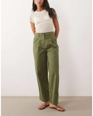 Vila High Waisted Turn Up Hem Canvas Trousers - Green
