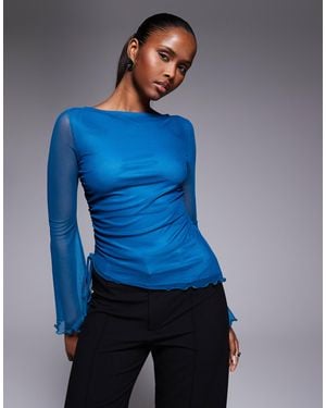 ASOS Mesh Drawstring Top With Flute Sleeve - Blue