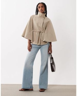 Threadbare Short Cape Trench Jacket With Funnel Neck And Belt - Natural
