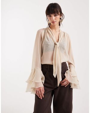ONLY High Neck Tie Detail Sheer Blouse With Frill Sleeves - Natural