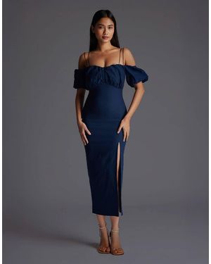 Vesper Bardot Ruched Midaxi Dress With Short Sleeve - Blue