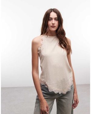 River Island Lace Trim Halterneck Textured Top - Natural