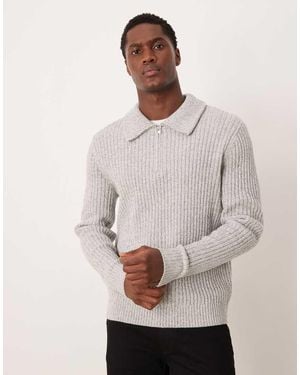 Mango Wool Mix Quarter Zip Knitted Polo - Natural