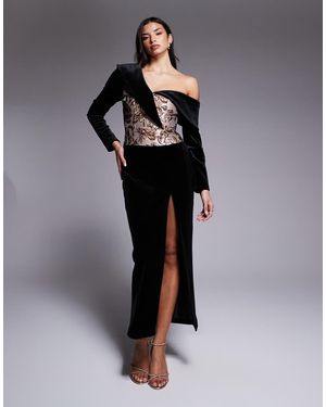ASOS Velvet Midi Dress With Jacquard Corset - Black