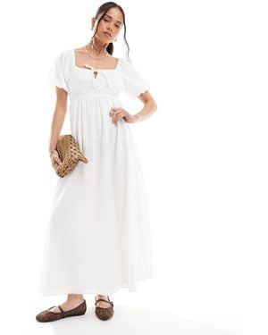 Daisy Street Broderie Puff Sleeve Midaxi Dress With Tie Bust Detail - White