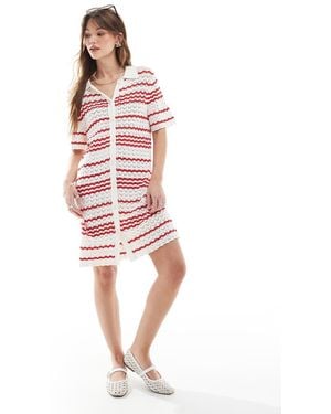 Miss Selfridge Crochet Contrast Polo Button Through Knit Dress - Red