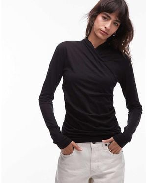 ARKET Sleek Jersey Wrap Front Top With Ruche Detail - Black