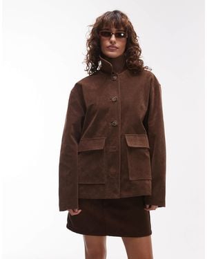 TOPSHOP Faux Suede Patch Pocket Boxy Jacket - Brown