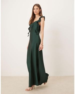 Vila Cowl Neck Satin Maxi Dress With Draping Frill Straps - Green