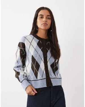 New Look Argyle Crew Neck Cardigan - White