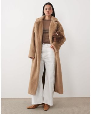 4th & Reckless Brushed Faux Fur Collared Tie Waist Maxi Coat - Natural