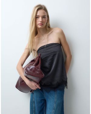 Vila Top bandeau en satin avec bordure en dentelle - Noir