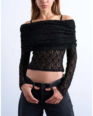 TOPSHOP Lace Deep Fold Bardot Long Sleeve Top - Black