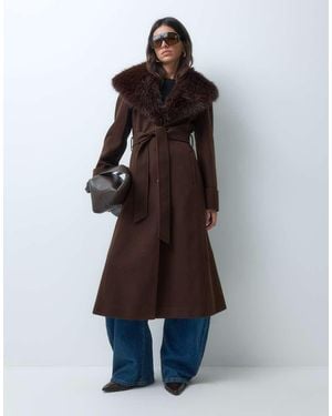 Miss Selfridge Formal Wrap Coat With Fur Collar - Brown