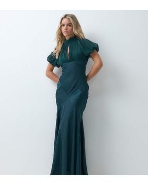 ASOS Asos Design Petite Satin Chiffon Mix Maxi Dress With Puff Sleeve - Green