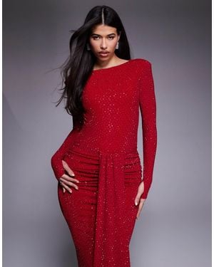 Wanderdoll Nara Sculpted Hotfix Slash Neck Bodysuit Co-Ord - Red