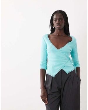 Miss Selfridge 3/4 Sleeve Wrap Top - Blue
