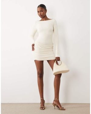 Oh Polly Modal Boat Neck Long Sleeve Draped Waist Detail Mini - Natural