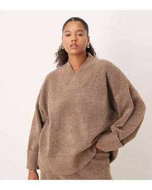 Pretty Lavish Curve High V Neck Textured Knit Cuff Sleeve Jumper Co-ord - Brown
