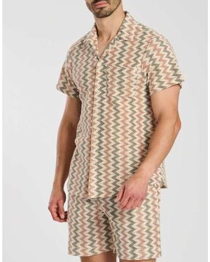 South Beach Crochet Zig Zag Stripe Short Sleeve Shirt - Natural