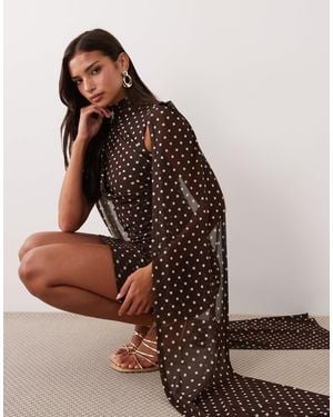 Ruched & Ready Mesh High Neck Cape Detail Mini Dress - Brown