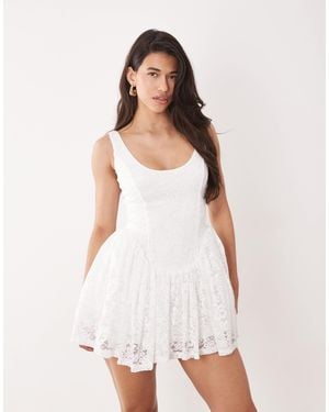 Aria Cove Lace Scoop Neck Corset Detail Frill Hem Mini Dress - White