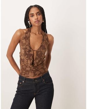 Motel Yukari Burnout Mesh Floral Plunge Halter Top - Brown