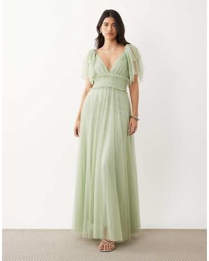LACE & BEADS Bridesmaid Tulle Flutter Sleeve Shirred Waist Maxi Dress - Green