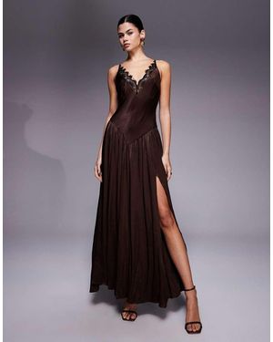 Bardot Aderia Satin Plunge Lace Trim Slit Front Maxi Dress - Purple
