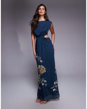 ASOS Slash Neck Chiffon Embroidered Maxi Dress With Channeled Cut Out Detail - Blue